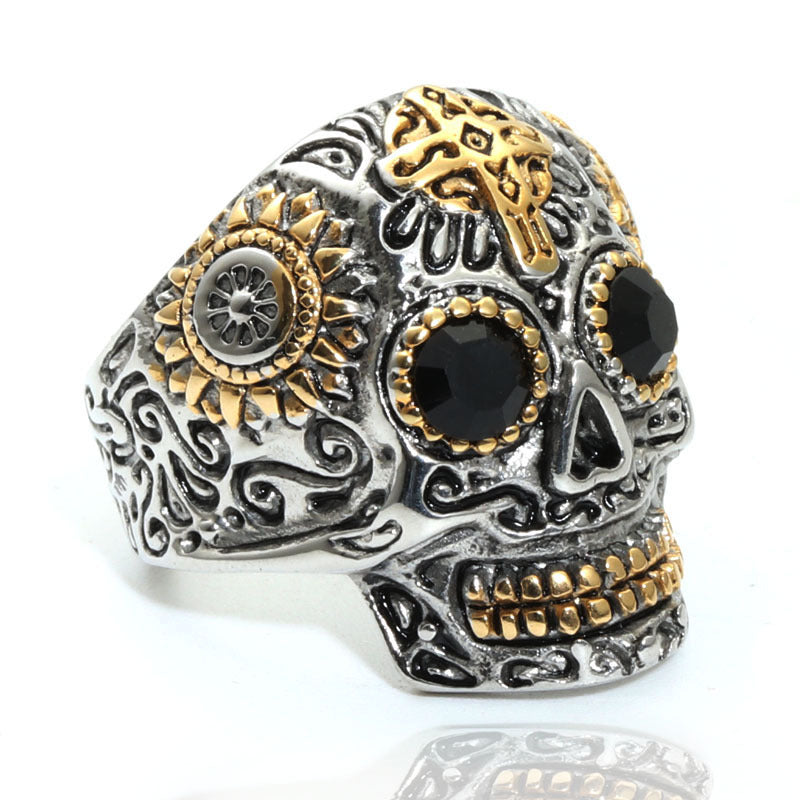 Planderful Skull Ring Titanium Steel Engraved Ghost Head Green Eye Unisex Protection For Men