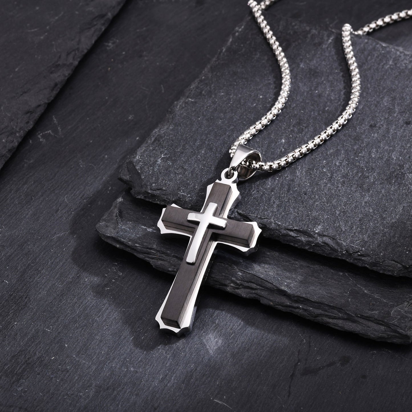 Jewelry European And American Accessories Stainless Steel Three Layer Cross Pendant Necklace For Men