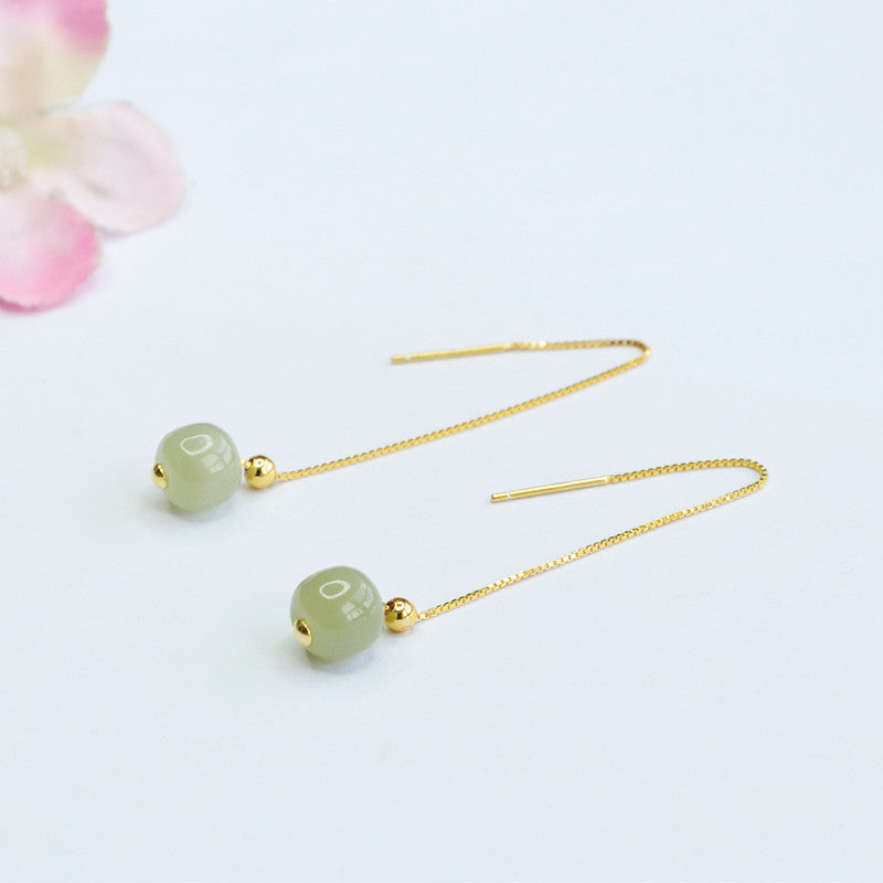 Long Sterling Silver Ear Thread Earrings with Natural Jade Insets