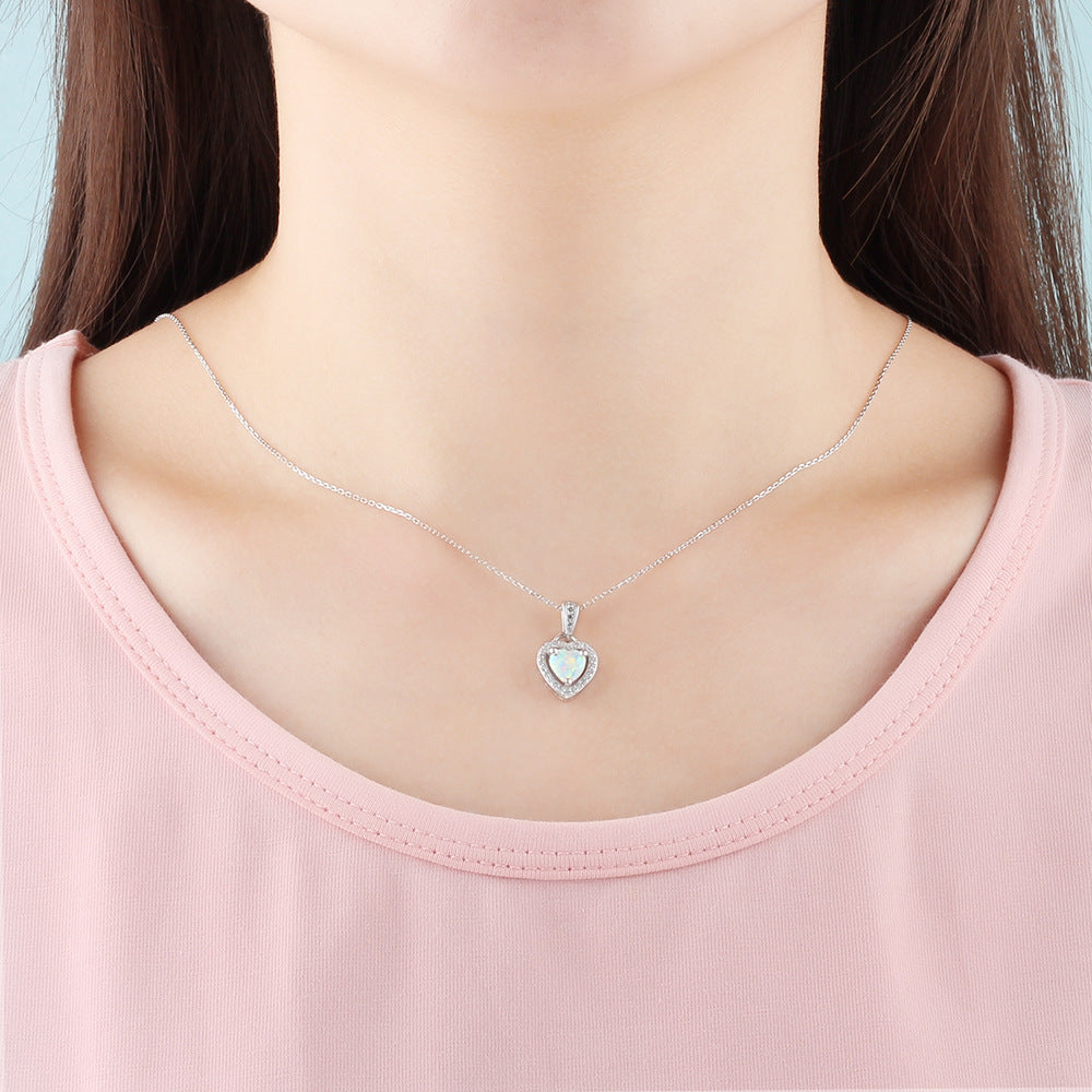 Planderful Jewelry Opal Heart Necklace In Sterling Silver With Zircon Accent For Modern Everyday Wear