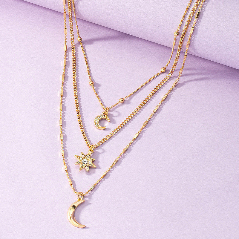 Stylish Three-Layer Star Moon Necklace - Vienna Verve Collection