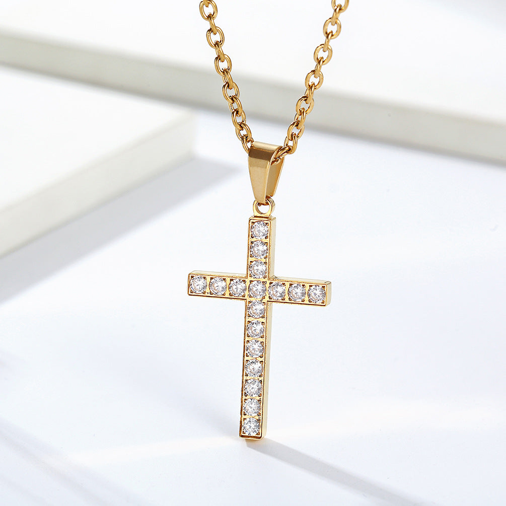 Planderful Titanium Steel Cross Necklace With Zircon Stones Unisex Luxury Jewelry