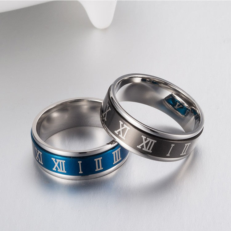 Planderful Mens Titanium Steel Ring With Rotating Roman Numerals Blue High End Index Finger Ring