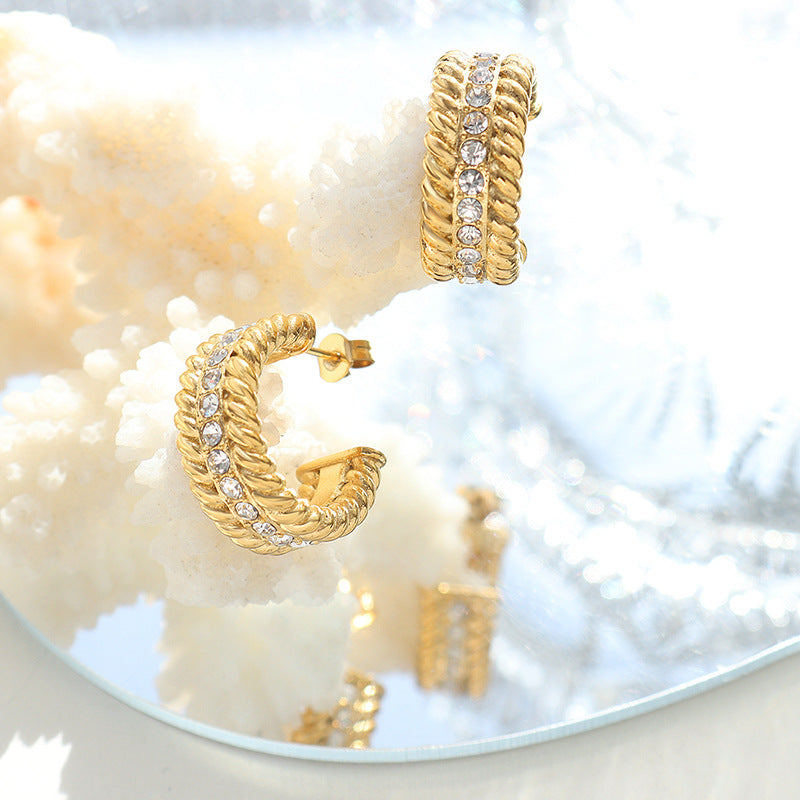 Celeb Chic: Elegant C-Shaped Zircon Earrings with Gold-Plated Threads