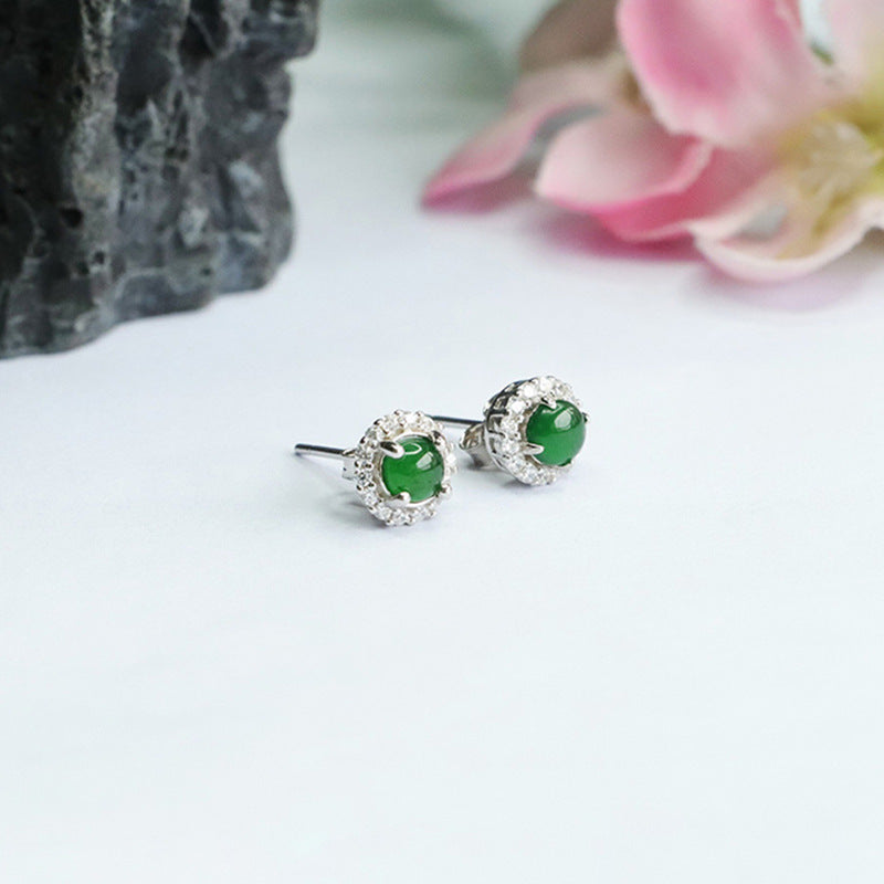 Icy Green Jadeite Zircon Halo Stud Earrings