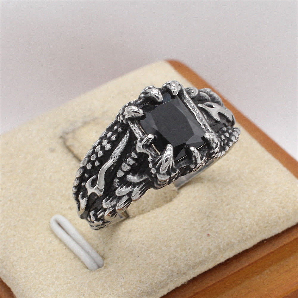 Planderful Jewelry Mens Dragon Claw Zircon Ring Stainless Steel Vintage European Design