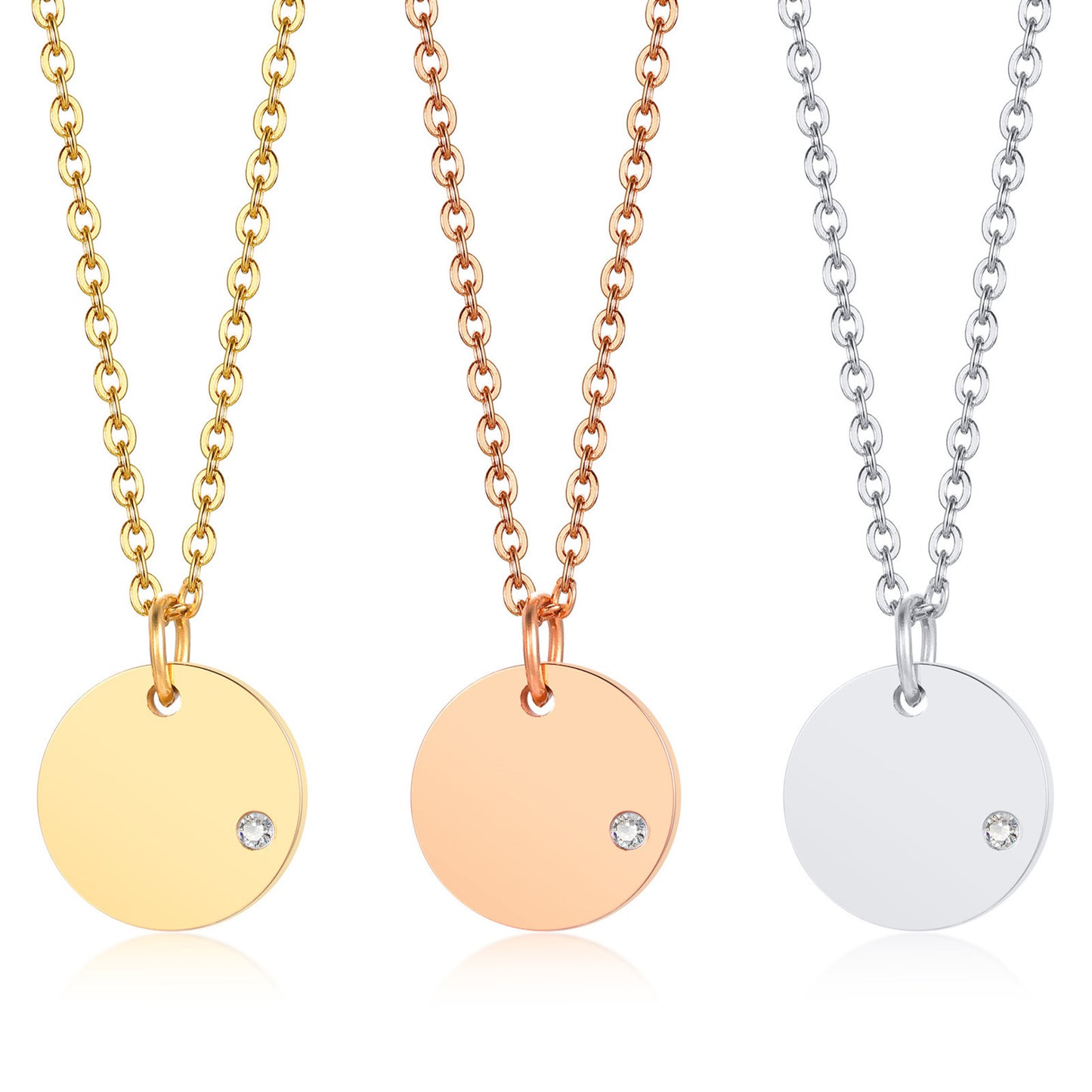 Stainless Steel Necklace Golden Lady Zircon Round Jewelry