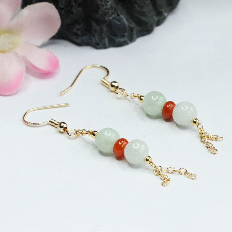 Jadeite Round Bead Tassel Hook Earrings
