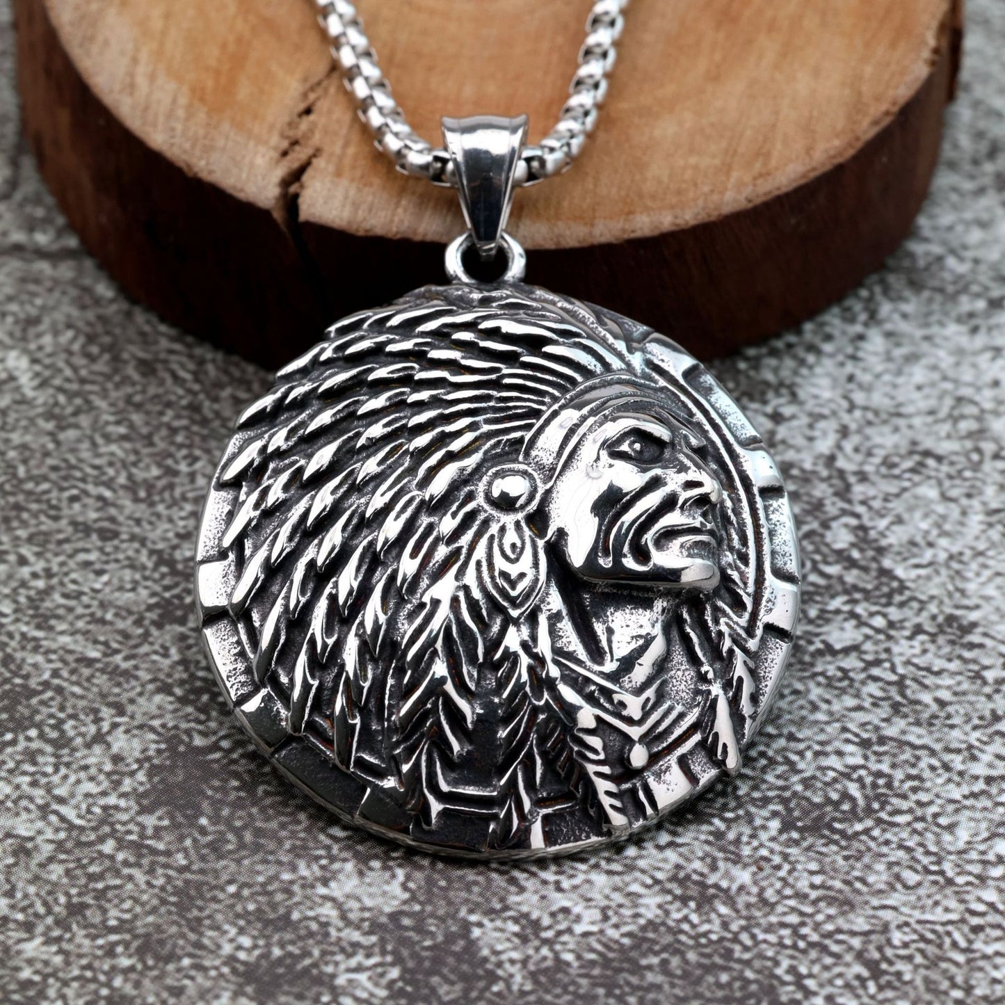Planderful Retro Stainless Steel Mens Pendant Single Sided Indian Chief Design For Men Gift Idea