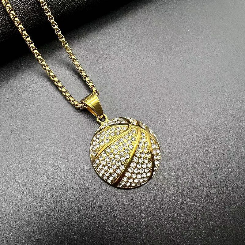 Planderful Basketball Pendant Necklace Premium Gold Plated Stainless Steel With Zircon For Hip Hop Fans