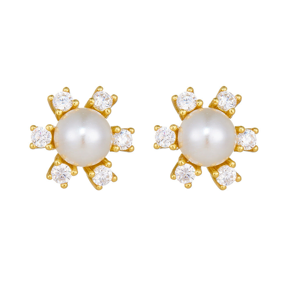 S925 Sterling Silver Pearl Earrings Exquisite Snowflake Zircon Stud Earrings Autumn And Winter