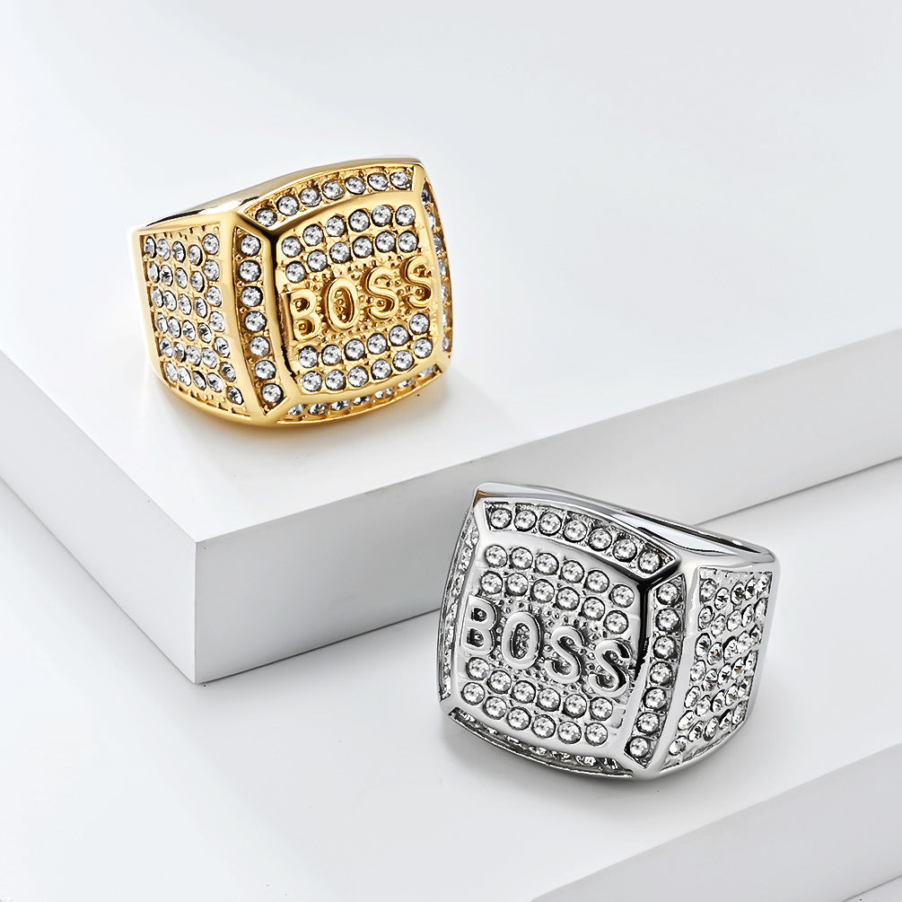 European and American K Gold-Plated Hip-Hop BOSS Ring for Men