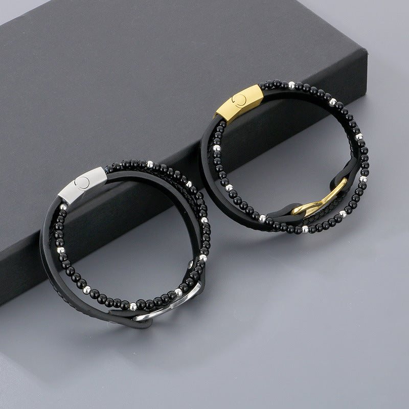 Planderful Beaded Leather Bracelet Stainless For Men Magnet