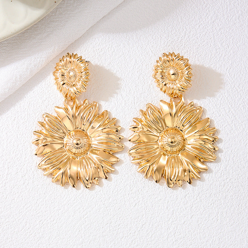 Planderful Vienna Verve Sunflower Earrings – Exaggerated Metal Design for Parties