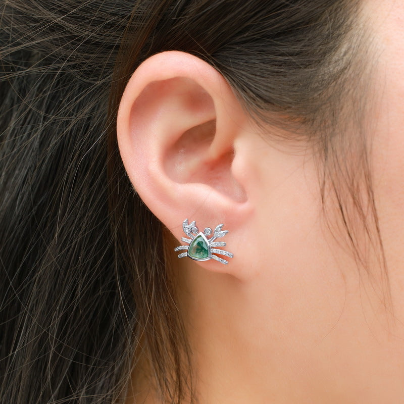 Planderful Jewelry Sterling Silver Crab Stud Earrings With Green Moss Agate Ocean Charm