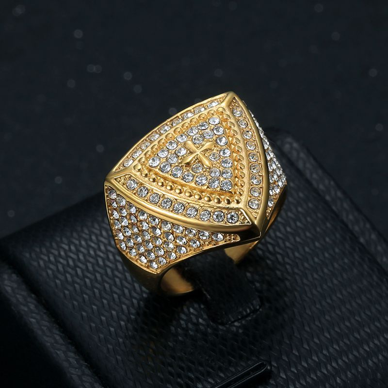 Planderful Hip Hop Ring For Men Stainless Steel Gold Plated Rhinestone Triangular Cross