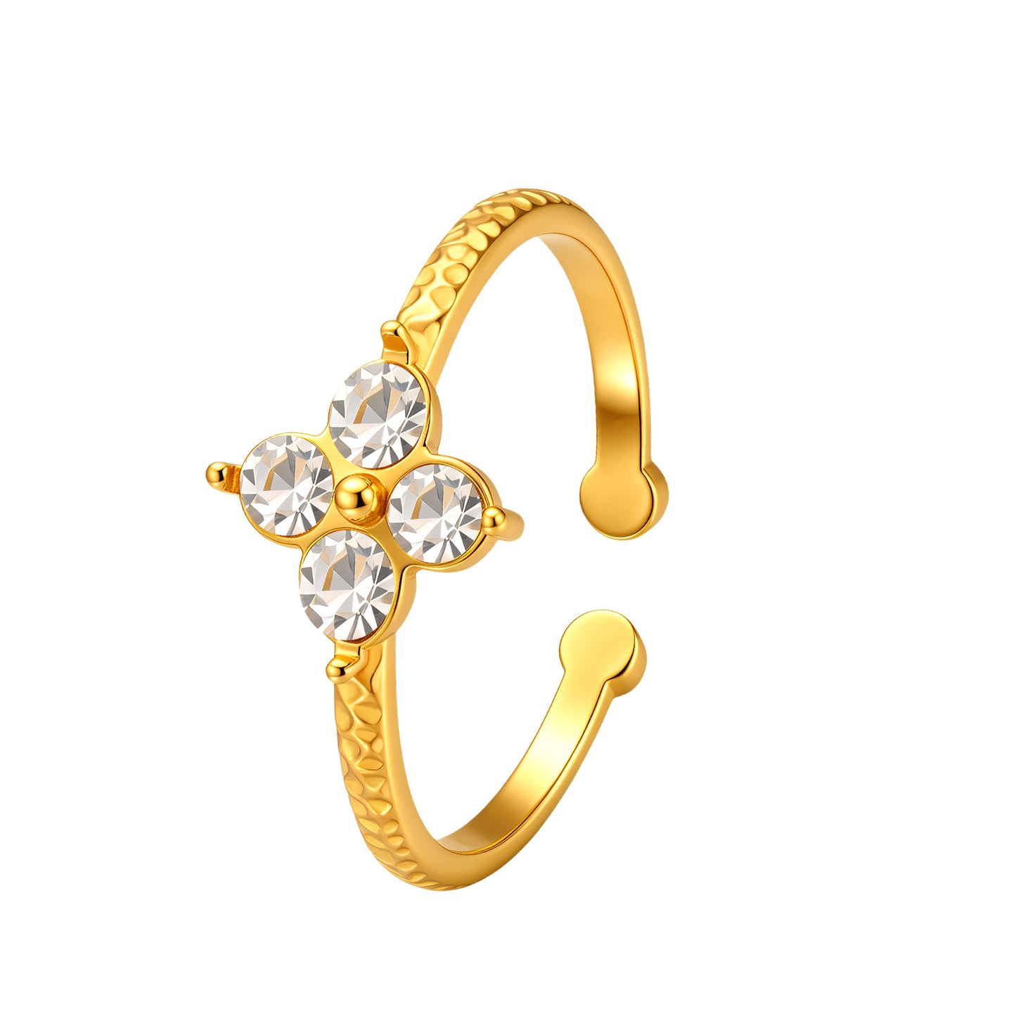 Planderful Everyday Genie Hammered Four Leaf Clover Ring Stainless Steel With Zircon Open Adjustable Unisex Jewelry