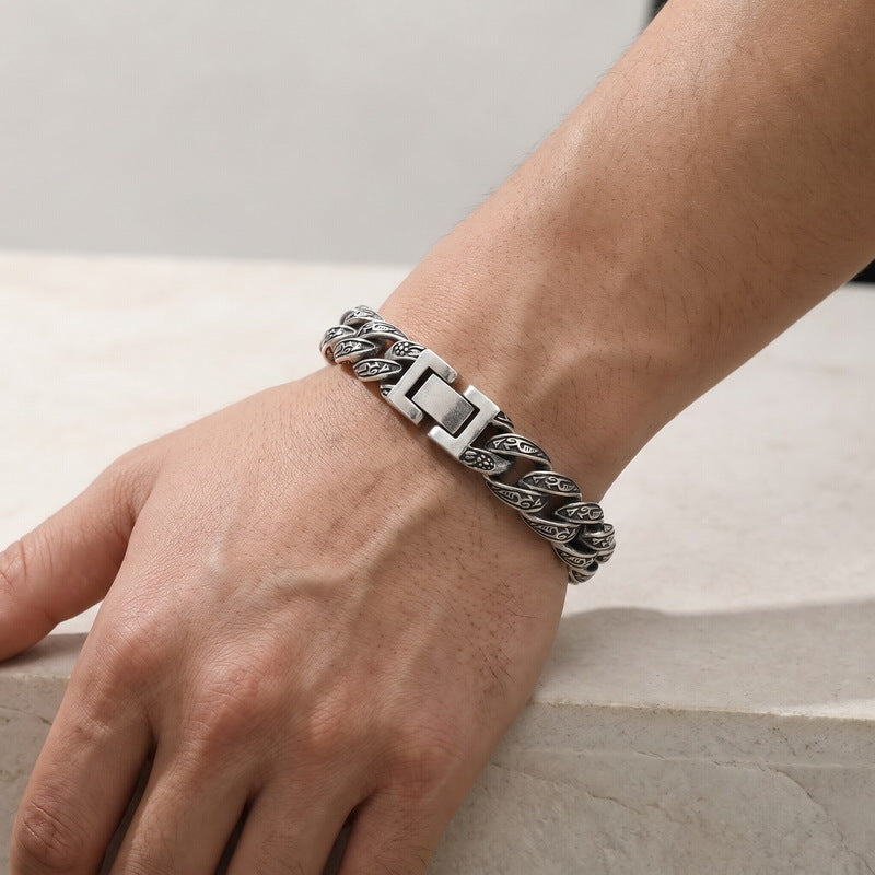 Cast Pattern – Punk Style 13mm Tang Grass Pattern Cuban Chain Titanium Steel Men's Bracelet
