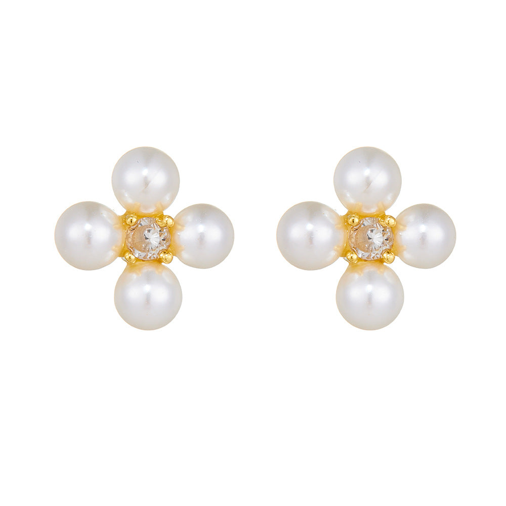 S925 Sterling Silver Zircon Pearl Earrings Korean Bead Zircon Four-Leaf Combination Stud Earrings