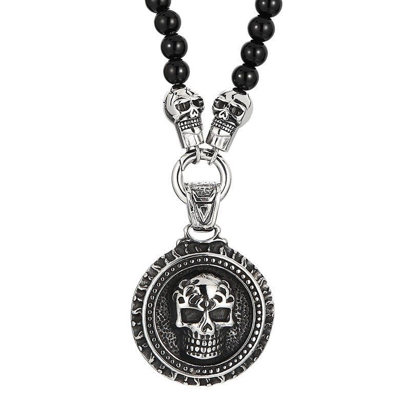 Titanium Steel Skull Necklace with Dark Zircon-Studded Ghost Head Agate Beads for Men