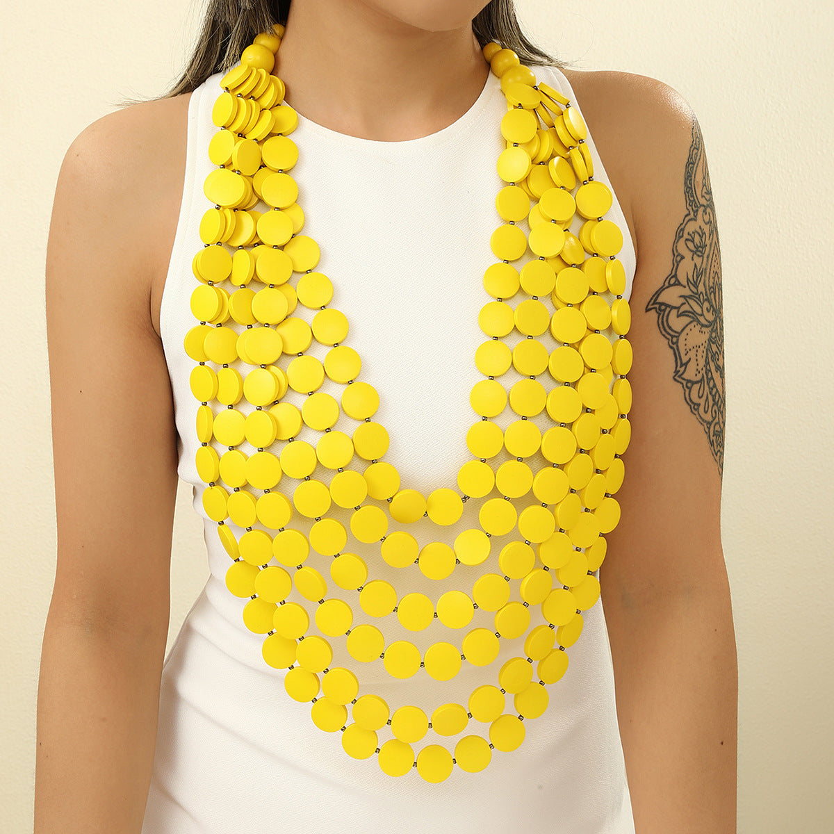 European and American Long Wooden Chip Necklace with Tassel Sweater Chains