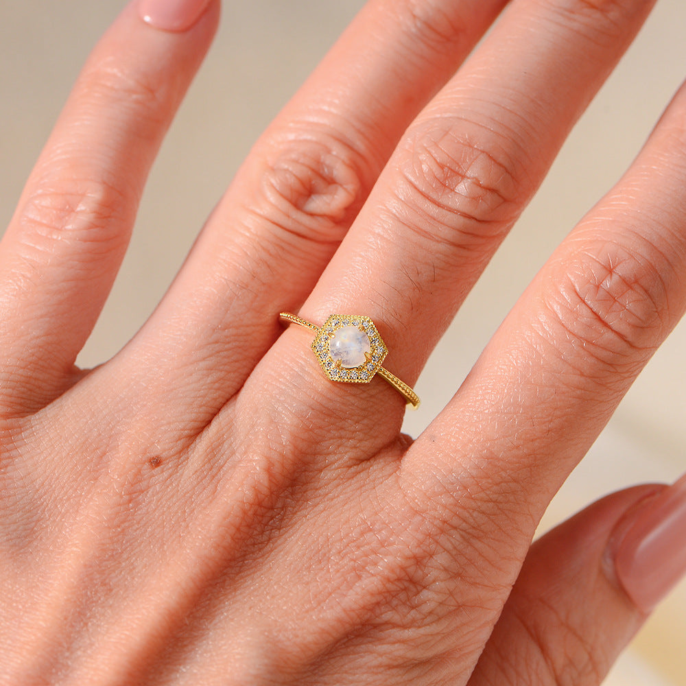 S925 Sterling Silver Geometric Hexagonal Natural Moonstone Ring