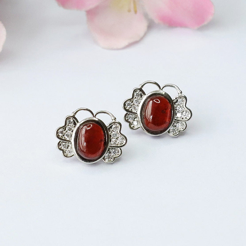 Orange-Red Garnet Butterfly 925 Silver Stud Earrings