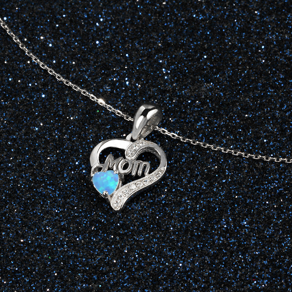 Planderful Jewelry Sterling Silver Heart Opal Necklace with Blue Opal Pendant and Zircon Accents