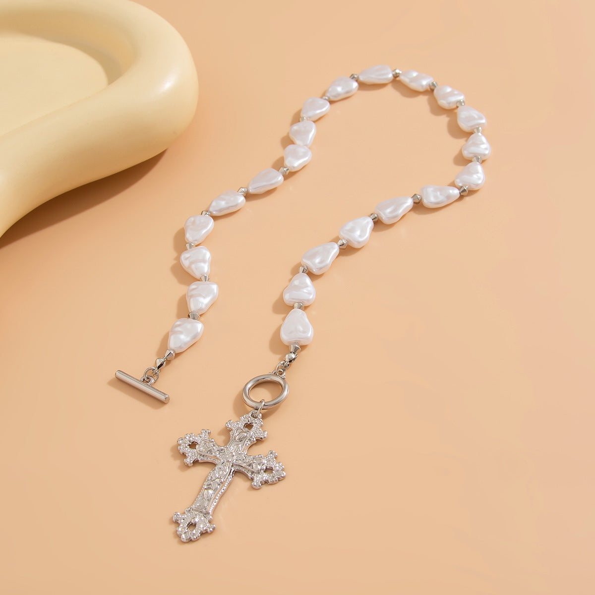 Baroque Pearl & Cross Toggle Necklace