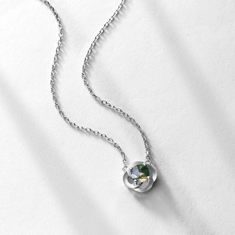 S925 Sterling Silver Moss Agate Clover Necklace