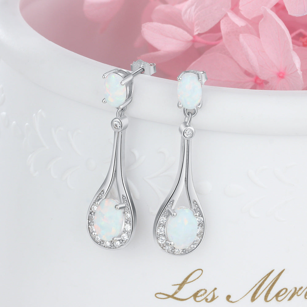 Planderful Jewelry Opal Earrings In Sterling Silver Drop Design With Zircon Accents