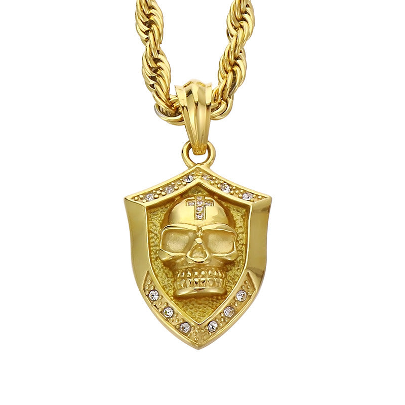 Vintage Punk Skull Pendant with Zircon and Cross Shield for Men - Stainless Steel Ghost Head Necklace