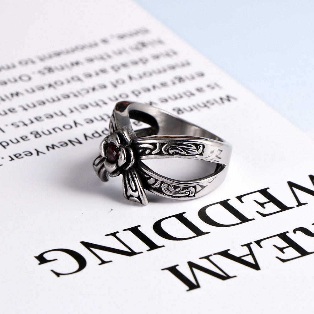 Vintage Titanium Steel Men's Ring with Zircon-Set Rose and Bow Design