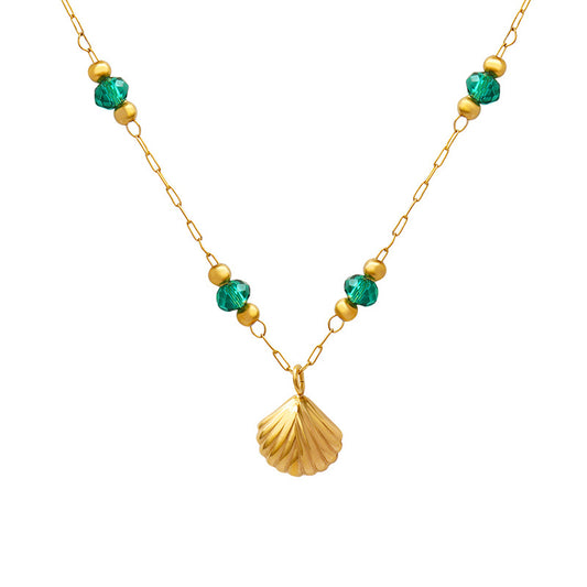 Glamorous 18K Gold Plated Stainless Steel Necklace with Crystal Beads and Scallop Pendant