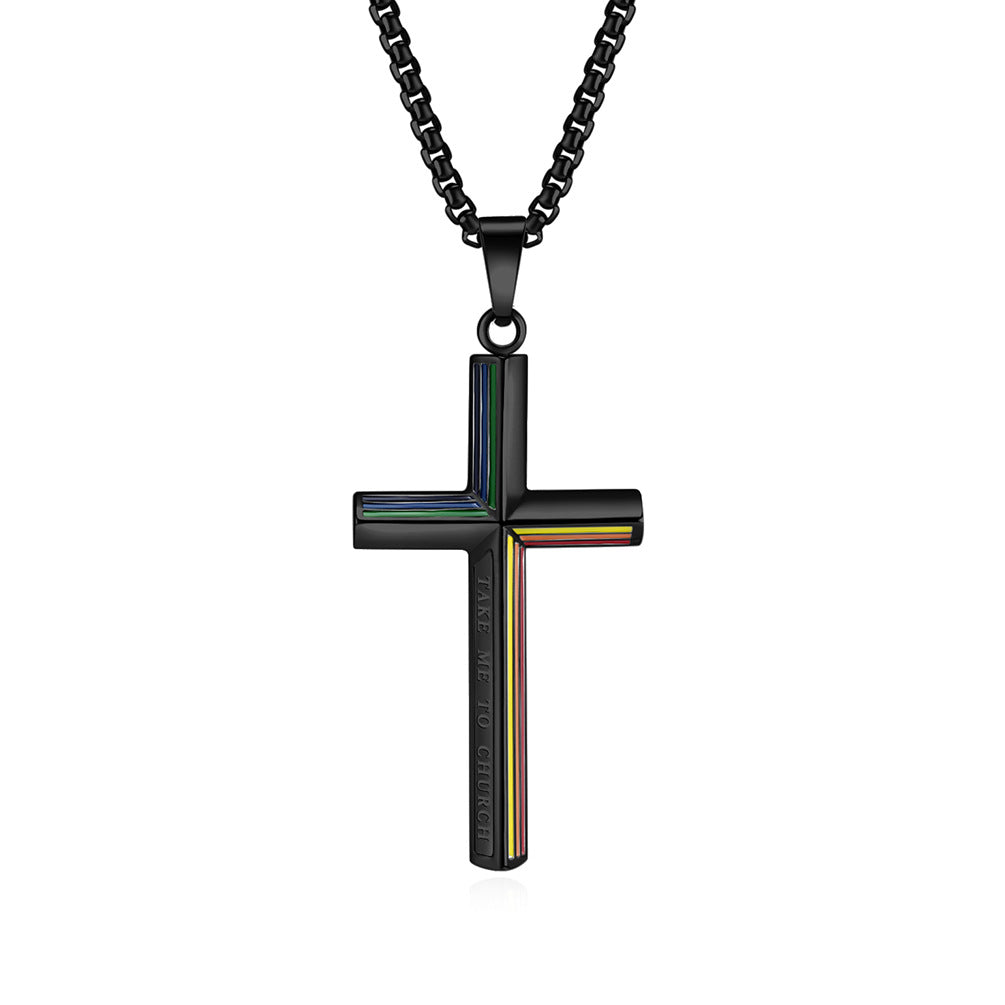 Personalized Titanium Steel Cross Necklace with Rainbow Flag