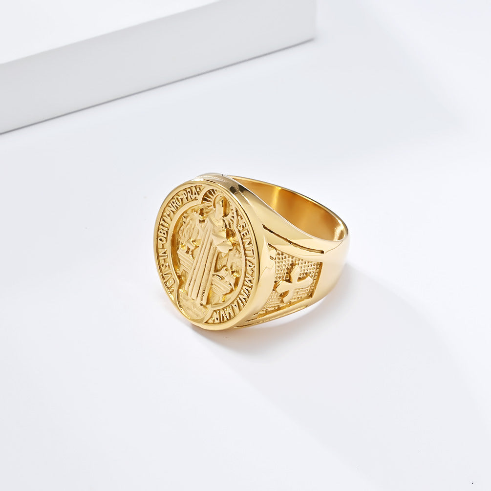 Planderful St Benedict Ring For Men Titanium Steel Durable Iconic Exorcism Symbol Jewelry