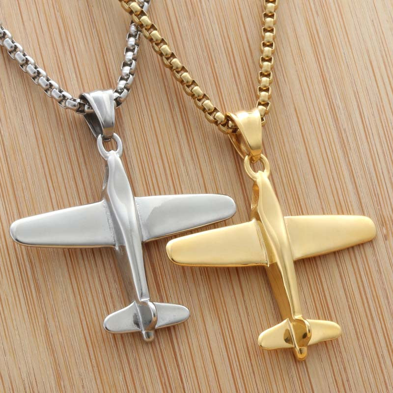 Titanium Steel Aircraft Pendant Necklace - Retro Punk Style for Men, Domineering and Trendy Stainless Steel Design