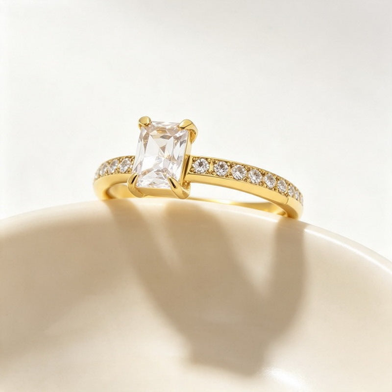 French Four-Claw Rectangle Color Zircon Ring Half Circle Zircon Stainless Steel