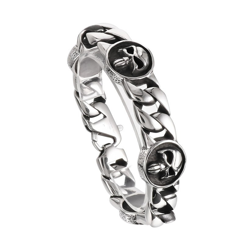 Dark Old 22mm Wide Cuban Chain Layered Skull Round Plate Stainless Steel Bracelet