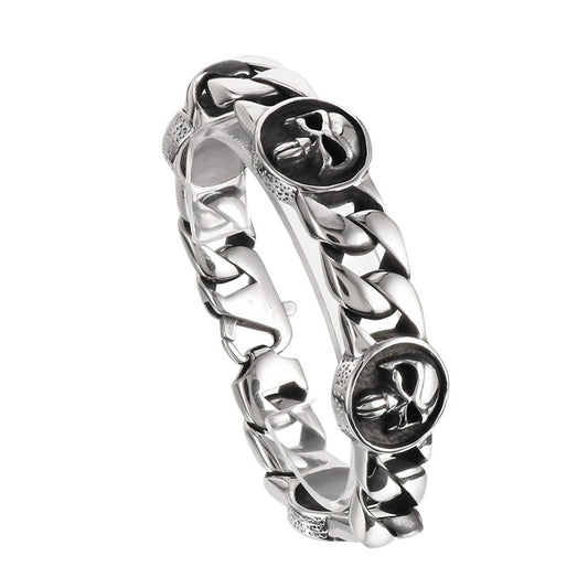 Dark Old 22mm Wide Cuban Chain Layered Skull Round Plate Stainless Steel Bracelet