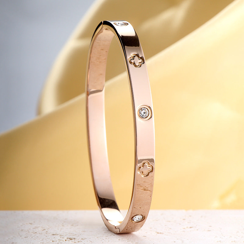 Planderful Jewelry Rose Gold Zircon Four Leaf Clover Bracelet Stainless Steel Open Bangle
