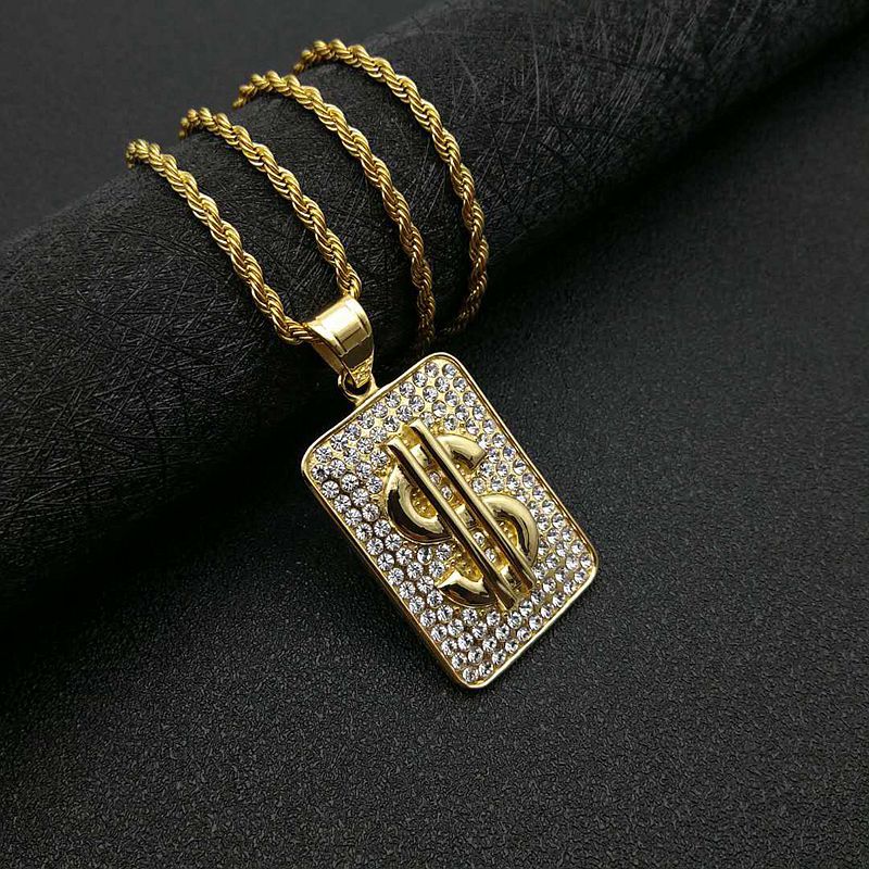Zircon Necklace – Statement Hip Hop Gold Plated Steel Dollar Pendant With Chain For Everyday Style