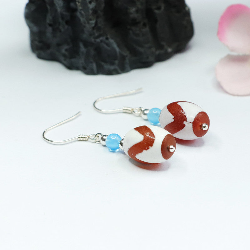 Tiger-Tooth Dzi Bead 925 Silver Hook Earrings