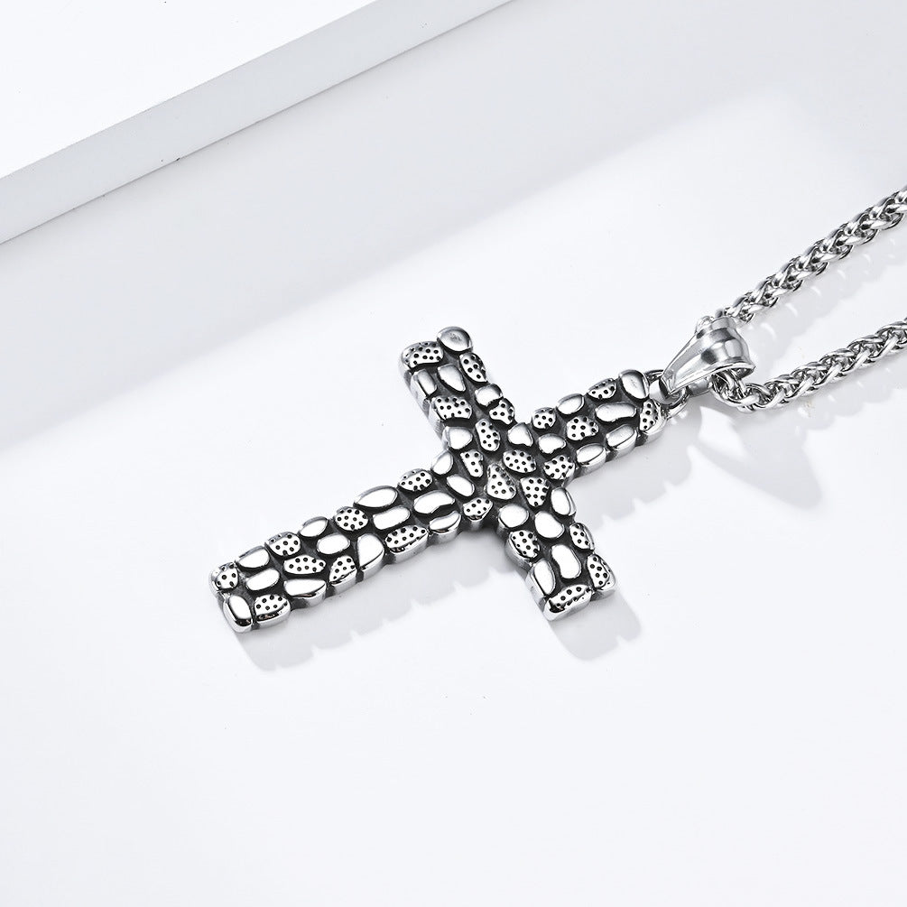 Cross-Border European And American Retro Pebble Titanium Steel Cross Necklace For Men
