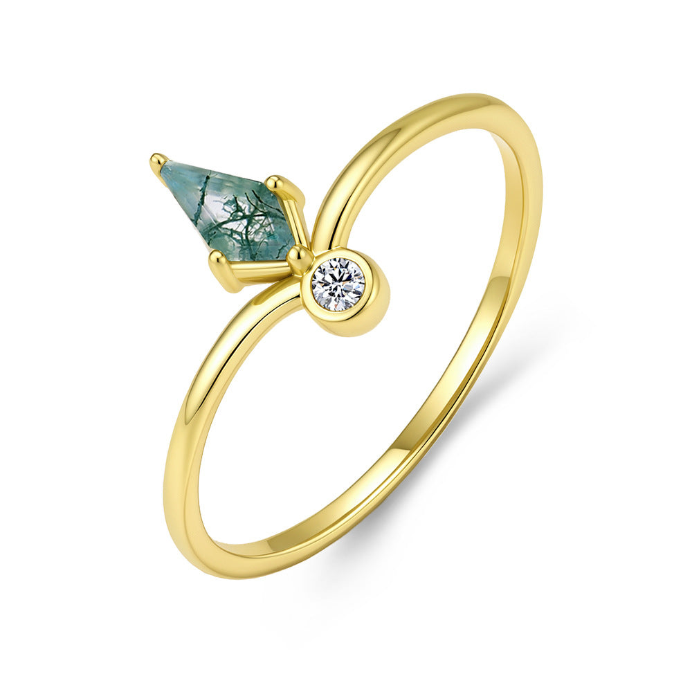 S925 Sterling Silver Aquatic Agate Ring, Crown Stacked With Natural Green Moss Stone