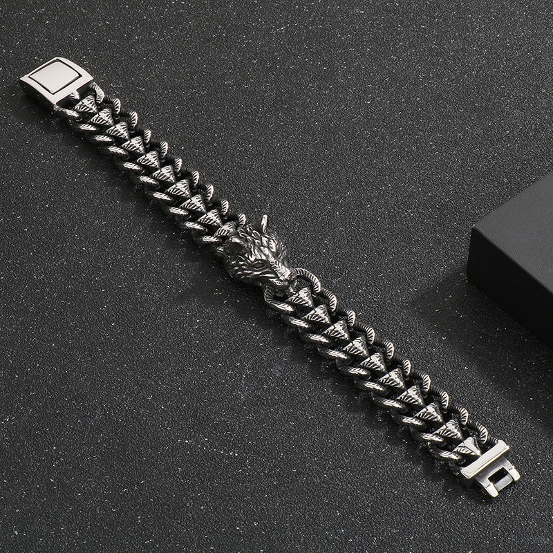 Animal – Punk Dark Wolf Head Layered Braided Keel Chain Titanium Steel Men's Bracelet