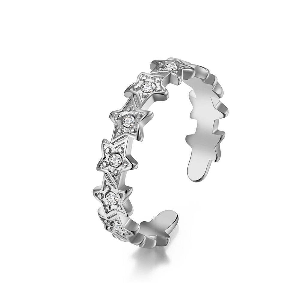 Star Zircon Stainless Steel Open Ring – Circumferential Pentagram