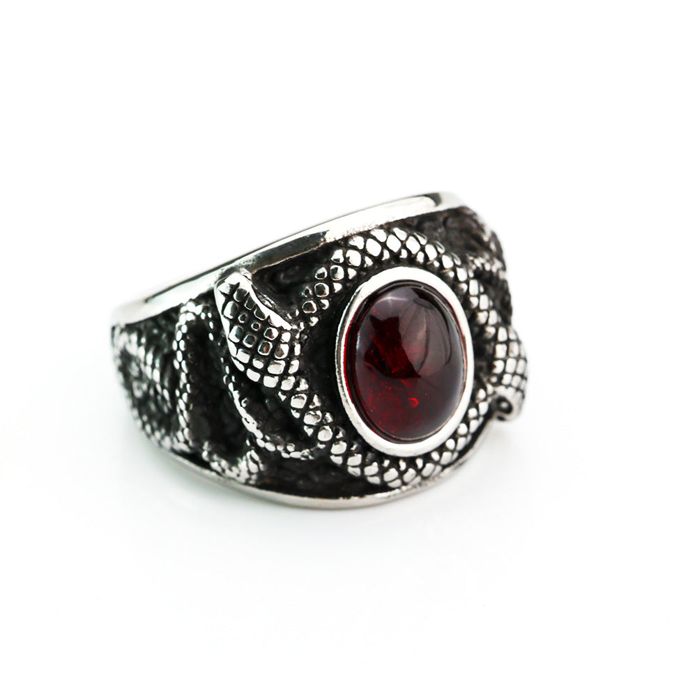 European And American Retro Stainless Steel Men's Ring Personalized Ruby Double Snake Ring