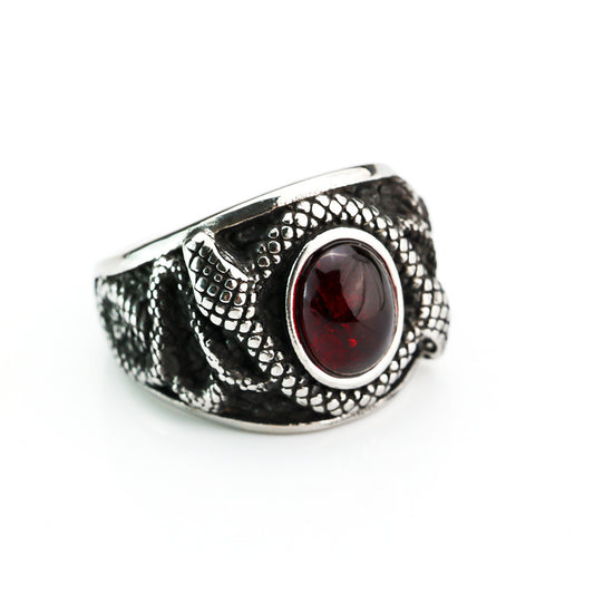 European And American Retro Stainless Steel Men's Ring Personalized Ruby Double Snake Ring