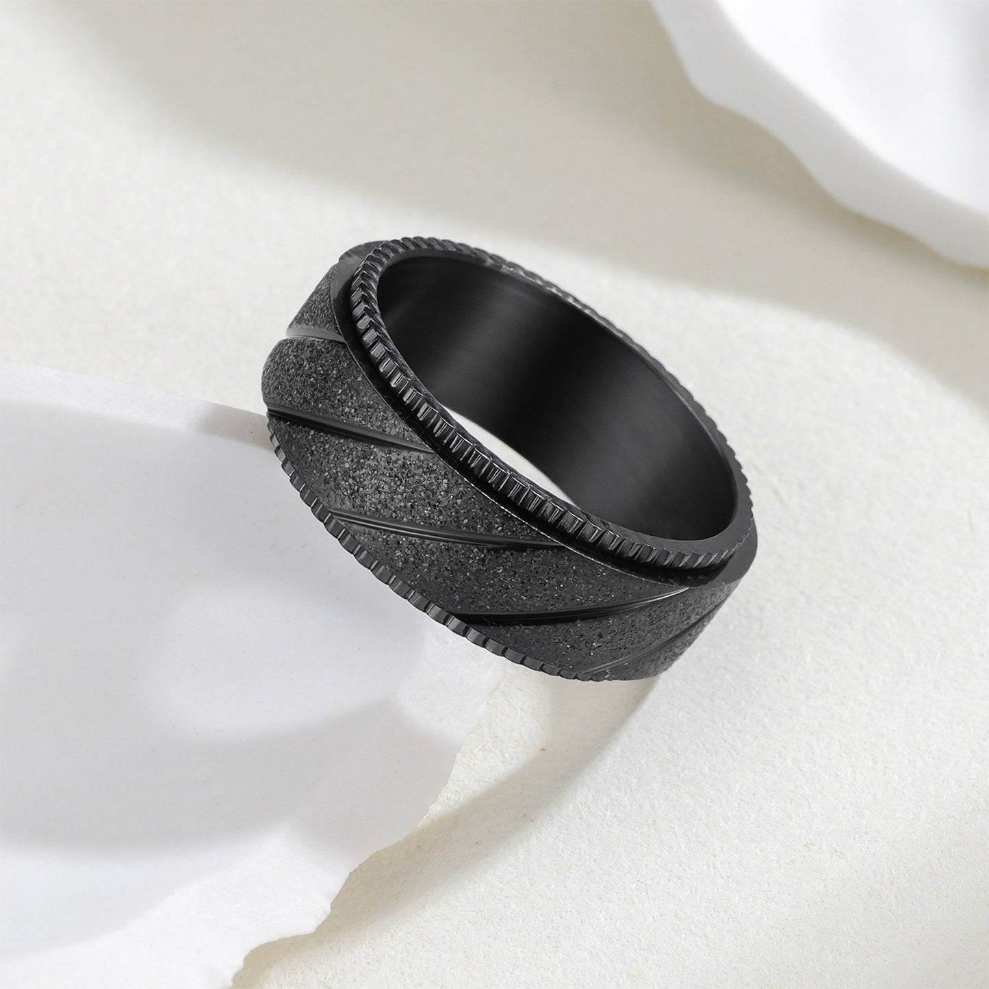 Planderful Titanium Steel Ring Unisex Rotatable Oblique Stripe Matte Finish Everyday Genie Statement
